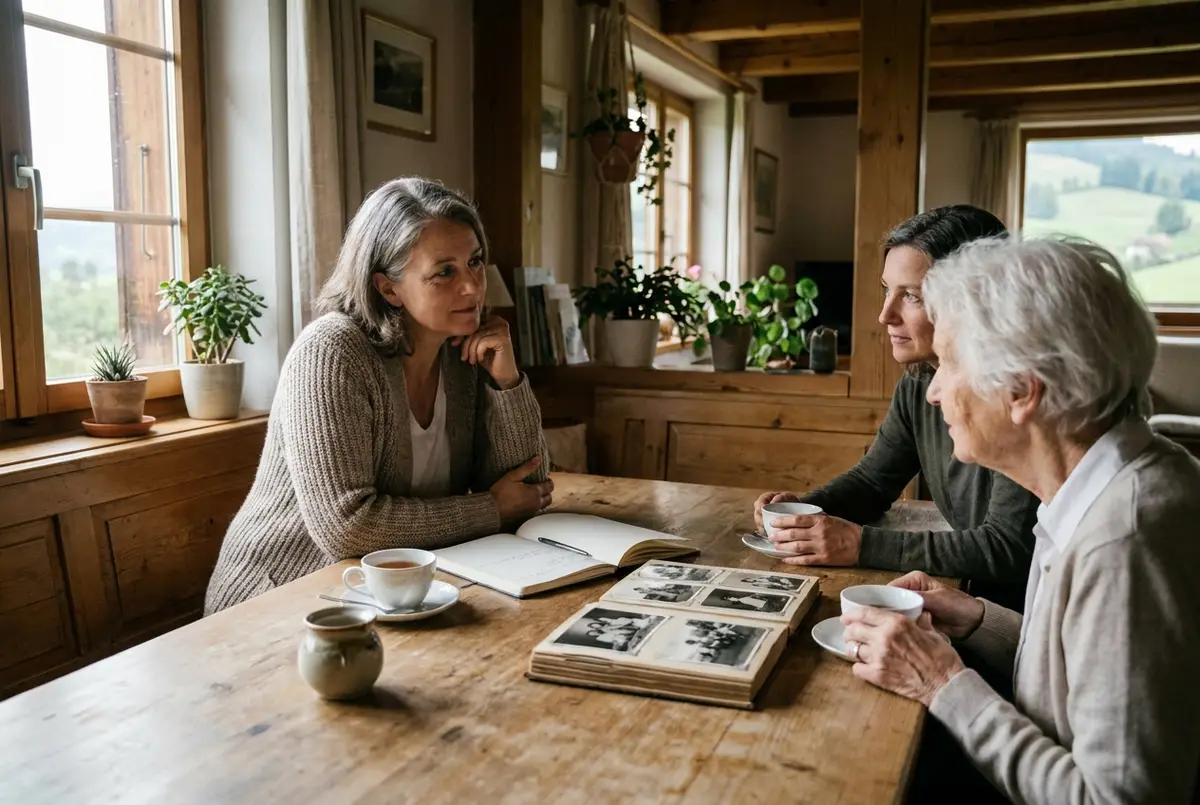 Funeral celebrant in a preparation talk with the family at the kitchen table, photo album and notes
