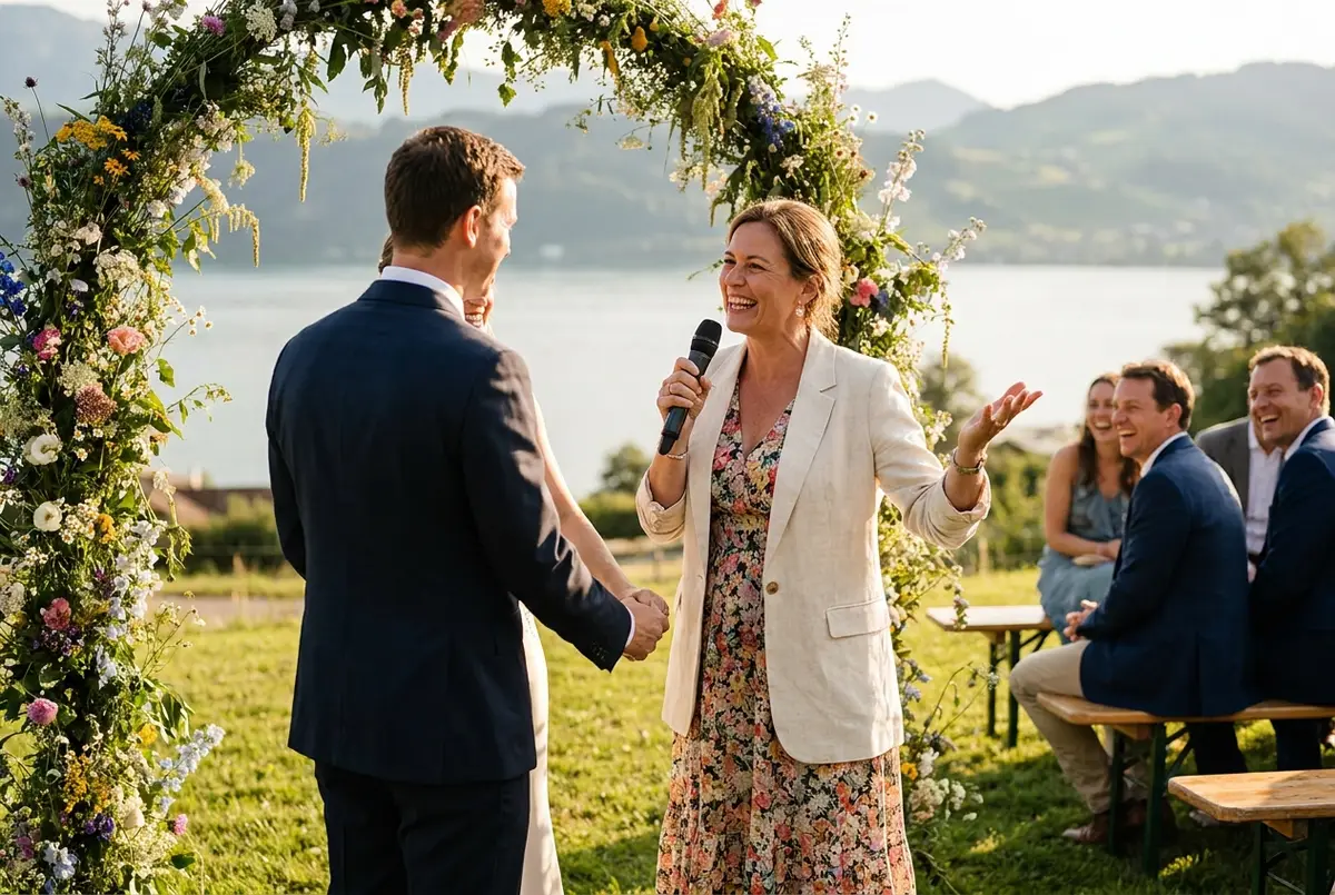 Celebrante libera conduce una cerimonia di matrimonio sotto un arco di fiori in riva al lago